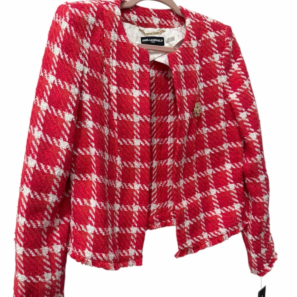 Karl Lagerfeld Paris Tweed Pink White Cropped Open Front Jacket Blazer size 8 - Picture 5 of 9